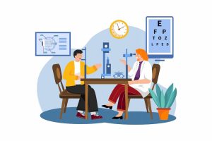 Receive trusted Carmel Optometrist services from Amy Walden and Associates illustration shows eye doctor sitting across from patient
