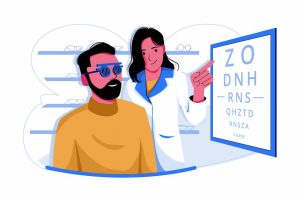 Choose the right Fishers Eyeglasses for you help from Amy Walden and Associates image shows doctor and patient looking at chart