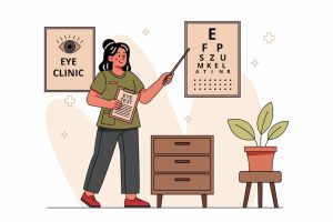 Schedule your Westfield Eye Exam with Amy Walden and Associates image shows eye clinic specialist pointing to chart